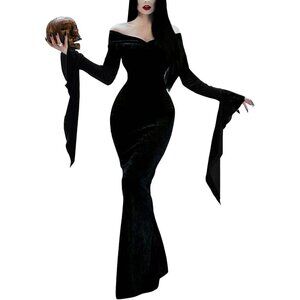 Women Morticia Addams Costume Halloween Off Shoulder Long Sleeve Maxi Dresses